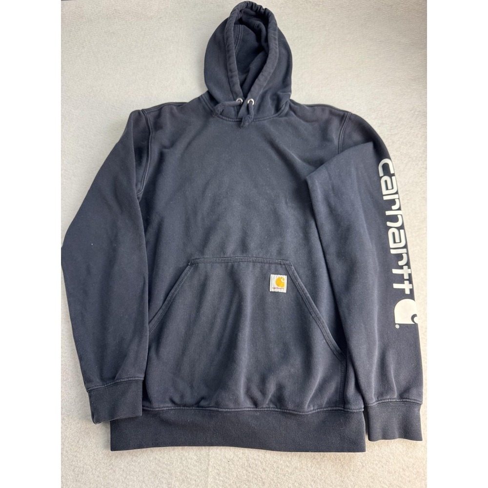 Carhartt Hoodie Mens Small Black Loose Fit Sleeve Logo Fleece Sweatshirt K288